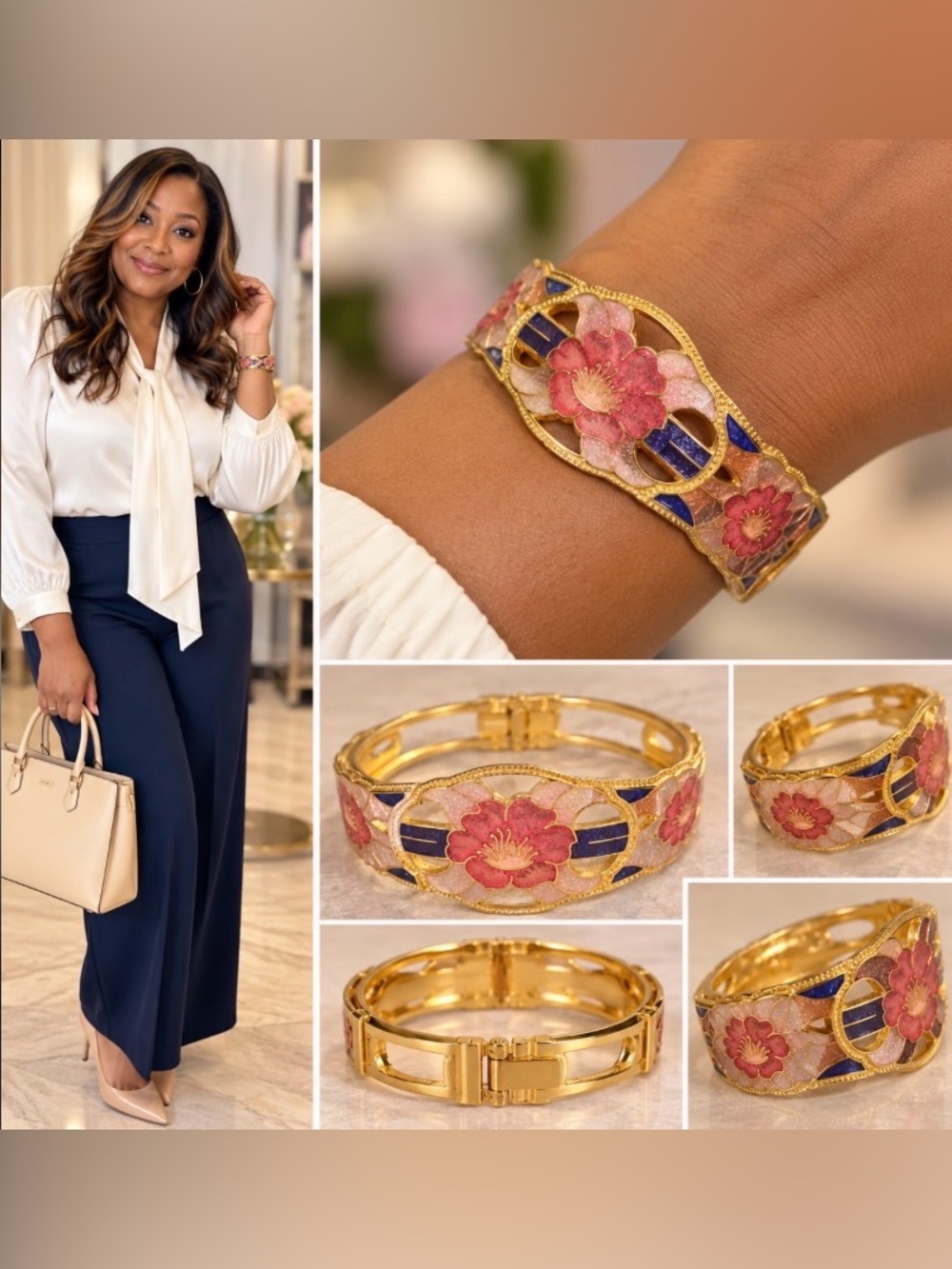 Gold-Tone Floral Enamel Cuff Bracelet in Pink and Blue